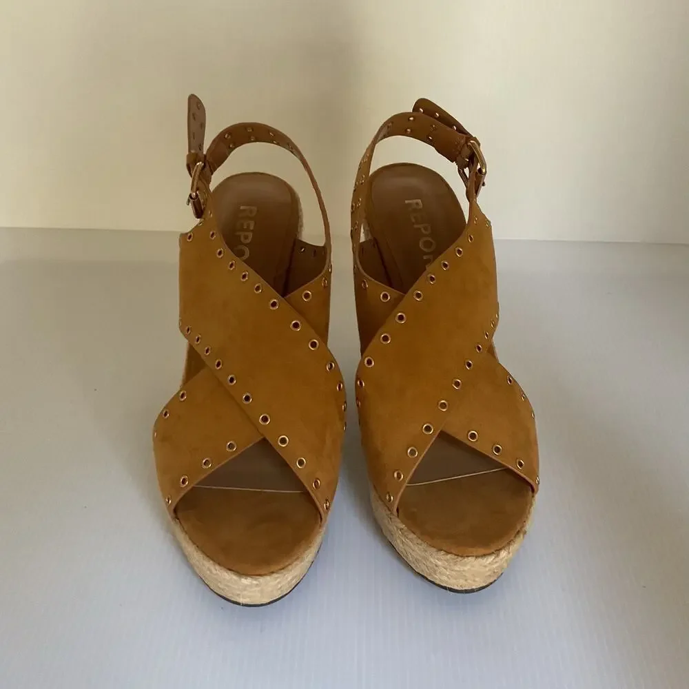 Report Wedge Sandals  Caden Espadrille Studded Tan Platform Peep Toe Boxed Sz 7